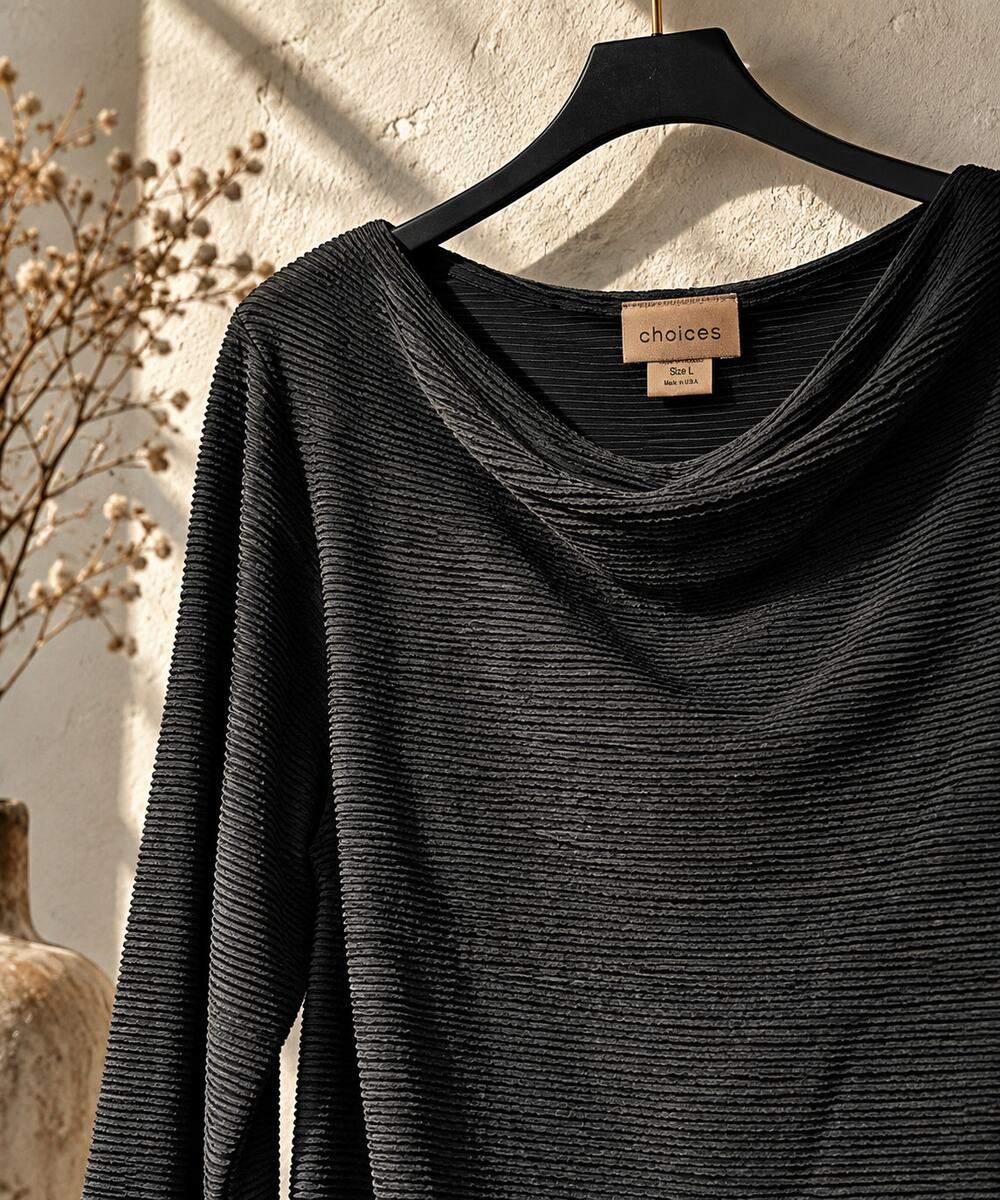 Choices Black Textured Long Sleeve Cowl Neck Top Size L NWT Made in USA